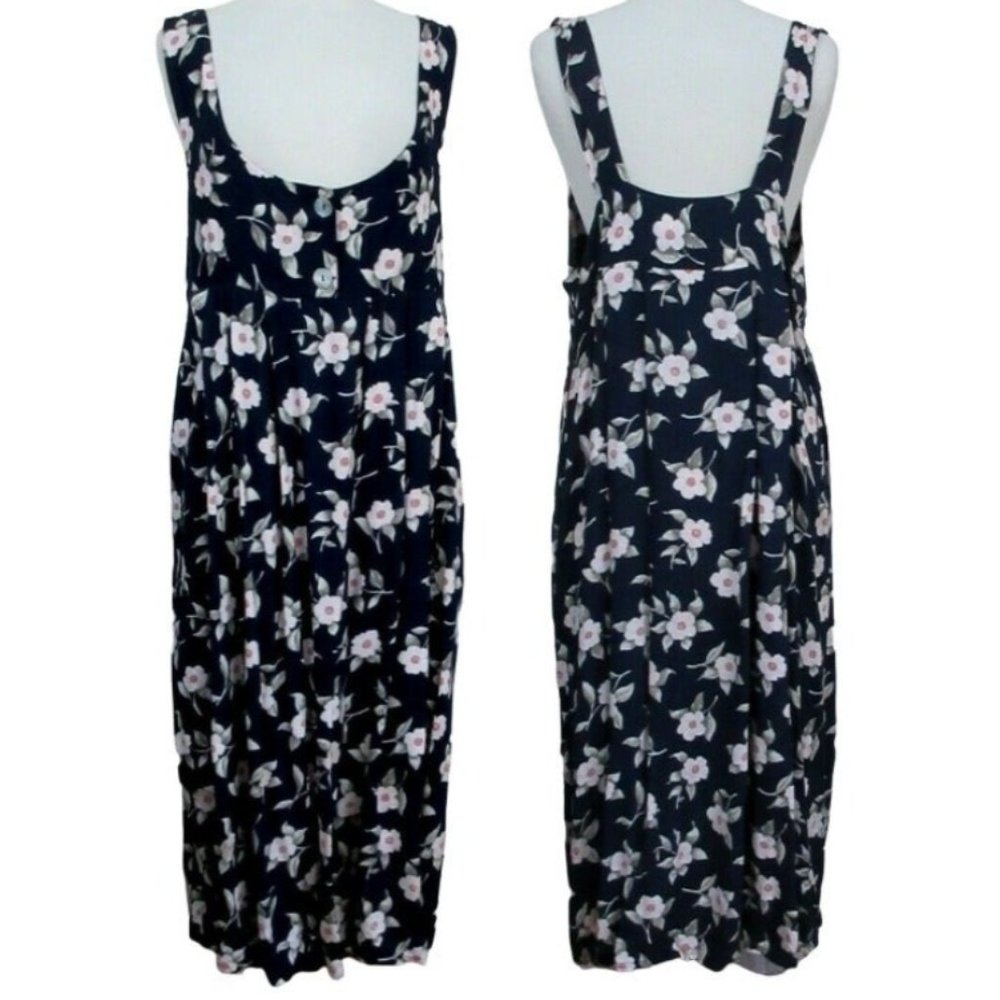 Sag Harbor Navy Floral Empire Maxi Sundress Sz M Pockets Dogwood 2 Button Bodice